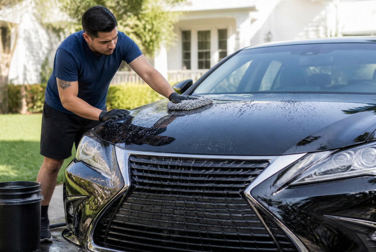 Detailer hand-washing a black Lexus sedan on a sunny driveway
